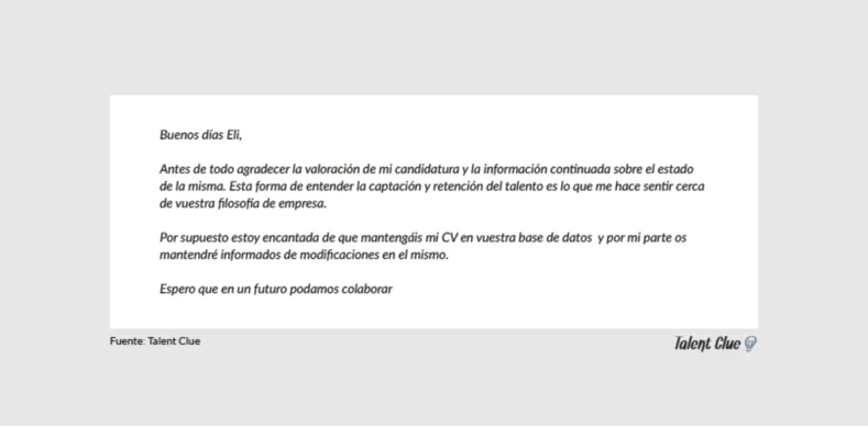 Ejemplo de personalización de mensaje elaborado por Talent Clue. Imagen extraída del artículo Cómo decir no a tus candidatos descartados y las respuestas que recibirás de Talent Clue