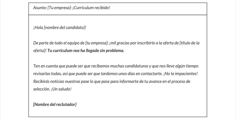 Ejemplo de personalización de mensaje elaborado por Talent Clue. Imagen extraída del archivo Plantillas de Mensajes a Candidatos de Talent Clue