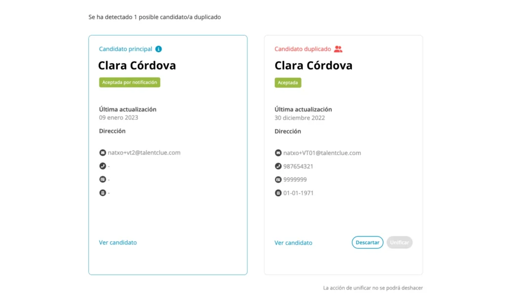 Candidatos duplicados en el ATS de gestión de procesos de selección