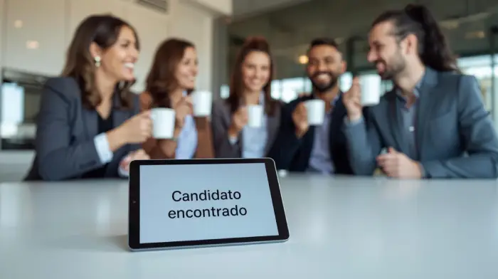 Base de talentos : Un equipo de reclutadores sonrientes tomando café en la moderna cocina de una oficina.