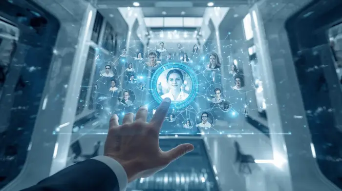Base de talentos : Mano experta sobrevolando una pantalla holográfica que muestra retratos de candidatos.