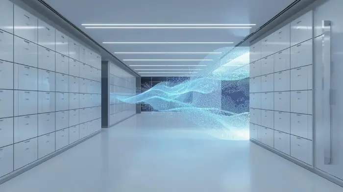 Base de talentos : Una biblioteca de oficina ultramoderna con archivadores blancos perfectamente alineados, pero en la que uno de los estantes se transforma en un flujo de datos digitales.