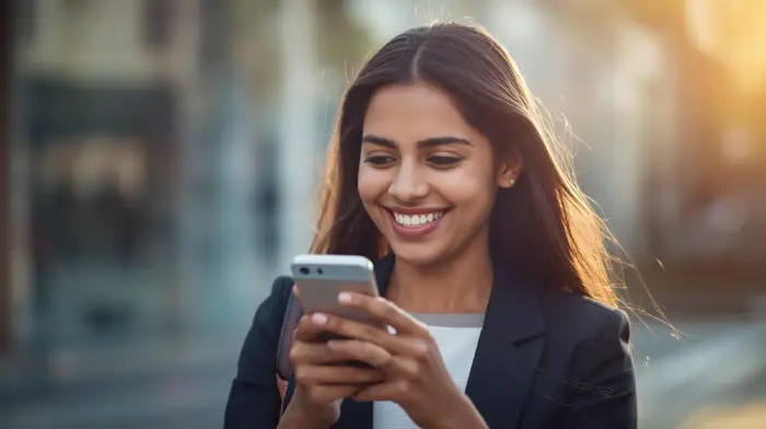 Experiencia del candidato : Retrato de una joven profesional radiante, mirando su smartphone con una sonrisa de satisfacción.