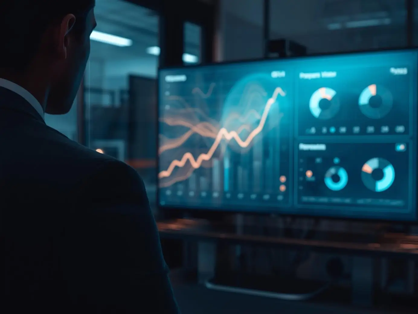 Informes et análisis del reclutamiento : Perfil parcial de una persona mirando una pantalla que proyecta curvas de crecimiento y gráficos.