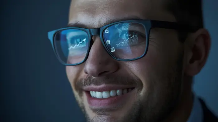 Base de talentos : Rostro concentrado y satisfecho de un reclutador cuyas gafas reflejan ligeramente gráficos de datos.