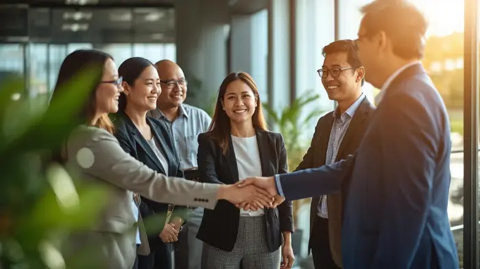 Reclutamiento Colaborativo : Una mujer rodeada de personas sonrientes que se dan la mano.