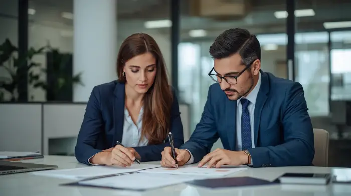 Reclutamiento Colaborativo : Un hombre y una mujer estudiando el perfil de un candidato.