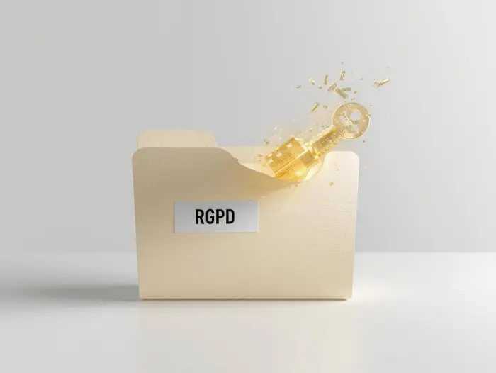 Un archivo «RGPD» que se transforma físicamente en una llave dorada digital